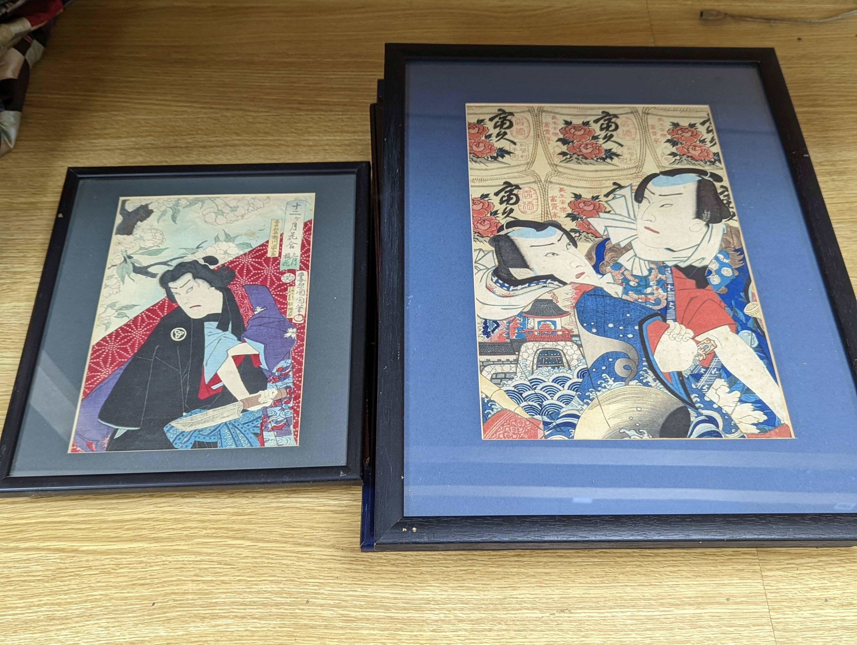 Kunikazu, woodblock print, Two actors, 35 x 23cm, together with eight other assorted woodblock prints